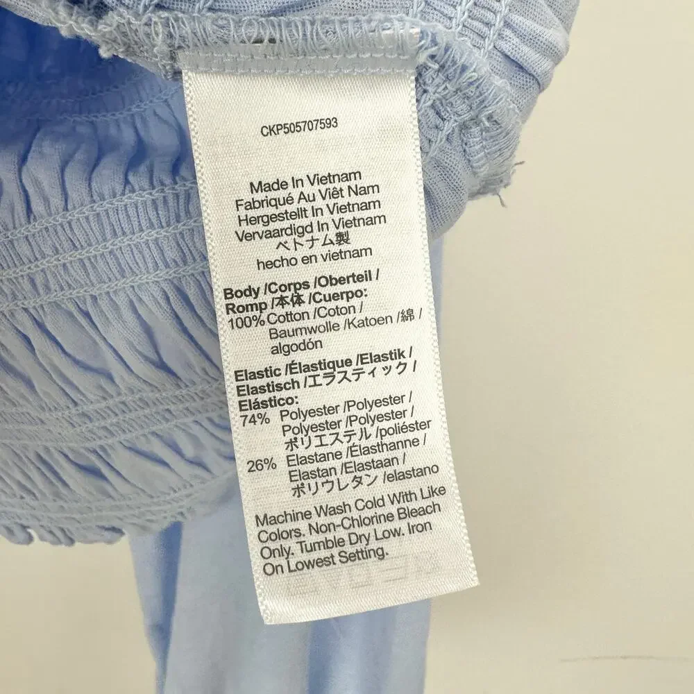 Madewell Smocked Boatneck Top Light Blue Cotton Long Puff Sleeve Stretch M NWT